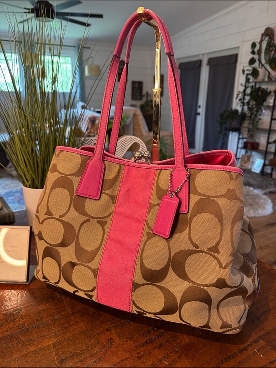 Coach Brown Signature Canvas Tote with Pink Trim